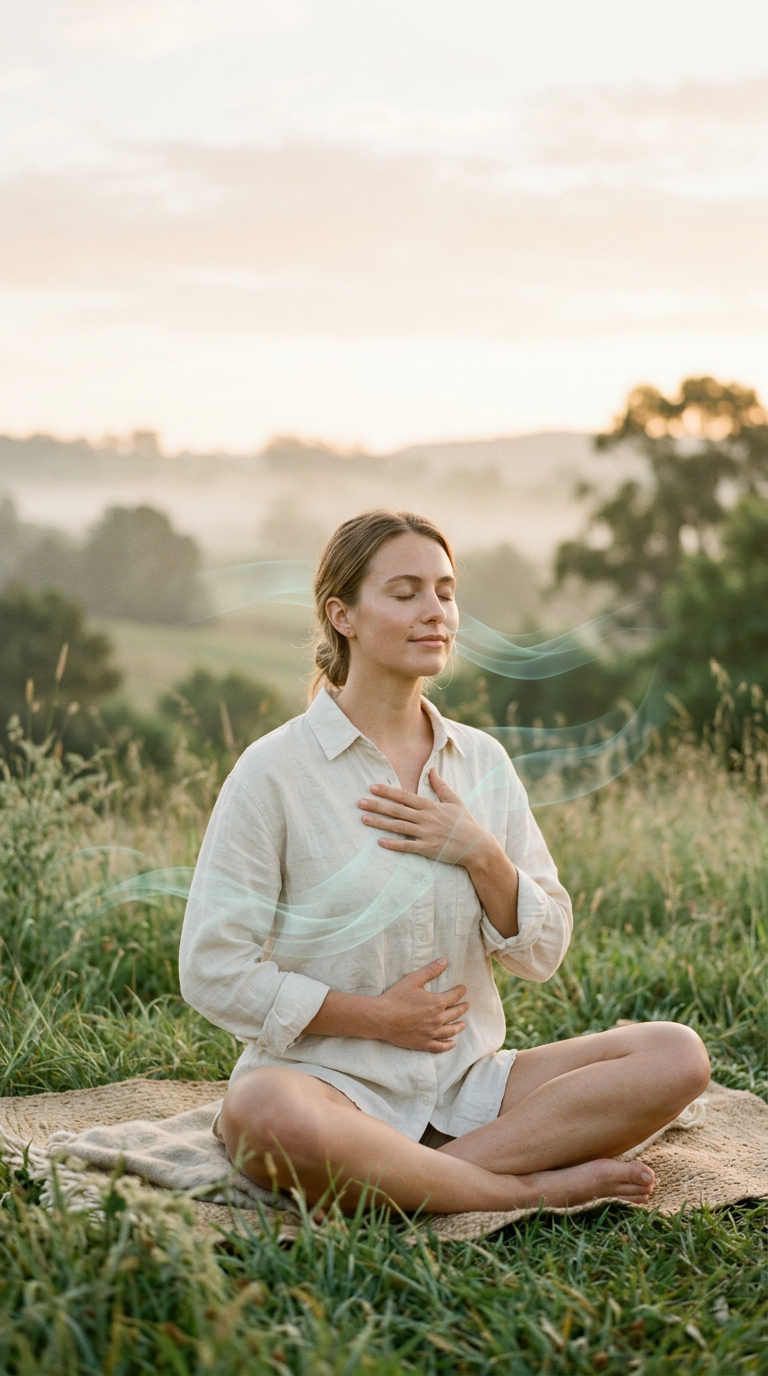 Person practicing calm breathing in warm morning light